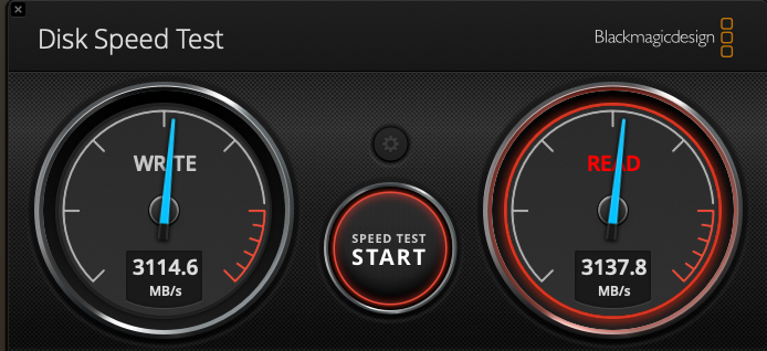 Blackmagic Disk Speed Test result showing 3114.6 MB/s write and 3137.8 MB/s read for the OWC and Samsung SSD setup.