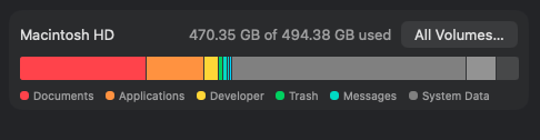 Macintosh HD storage usage showing 470.35GB of 494.38GB used.