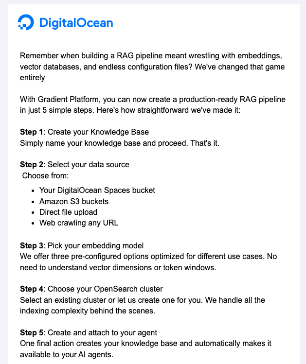 Digital Ocean RAG Pipeline Email