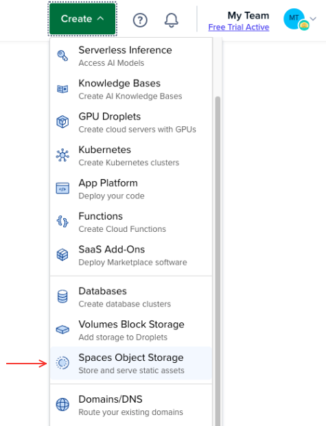 Digital Ocean Spaces Menu